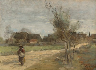 Rolnická žena na silnici s výhledem na vesnici od Jean Baptiste Camille Corot